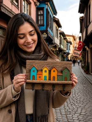 Dekoratif Ahşap Ev Figürlü Anahtarlık Askılığı 20X30 cm | 4 Kancalı Duvar Anahtarlığı Organizer