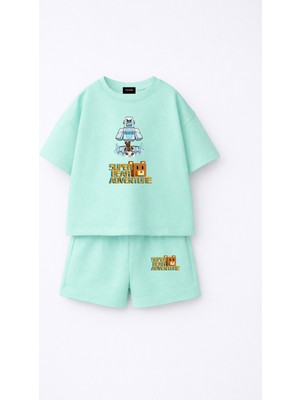 Fasardi Super Bear Adventure Süper Ayı Baskılı Oversize %100 Pamuk Tişört Şort 2li Çocuk Takım