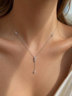 Sara Silver 925 Ayar Gümüş Taşlı Modern Y-Model Tektaş Kolye Kadın Şık Tasarım