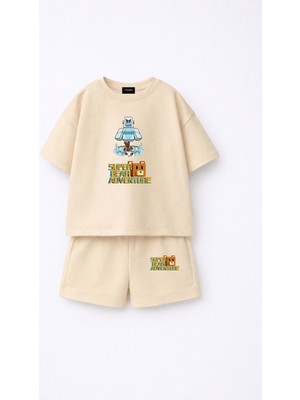 Fasardi Super Bear Adventure Süper Ayı Baskılı Oversize %100 Pamuk Tişört Şort 2li Çocuk Takım