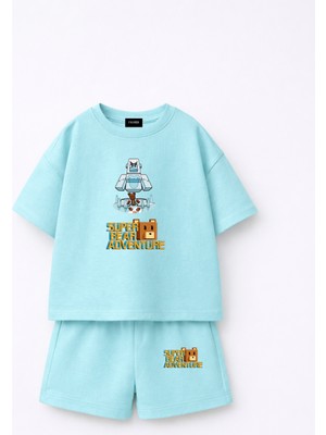 Fasardi Super Bear Adventure Süper Ayı Baskılı Oversize %100 Pamuk Tişört Şort 2li Çocuk Takım