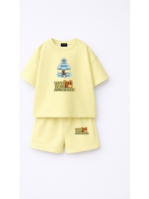 Fasardi Super Bear Adventure Süper Ayı Baskılı Oversize %100 Pamuk Tişört Şort 2li Çocuk Takım