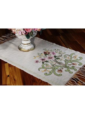 Muguetarts %100 El Işlemeli Çiçek Dekorlu Keten Masa Runner Örtü (76X51CM)