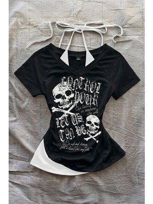 İsra Ayyıldız Moonstar Collection Siyah Gothic Skulls Control Geniş Yaka Y2K Kısa Kollu Crop