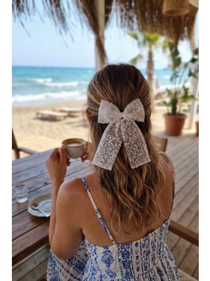 Liliza Accessories Beyaz Işlemeli Tül Trend Kurdele Mezuniyet Nikah Otomatik Fiyonk Toka
