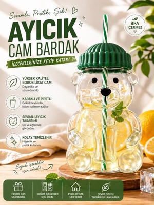 Tasarım Evi Premium Cam Barista Soğuk Içecek Bardağı Ayıcıklı Bardak (1 Adet)