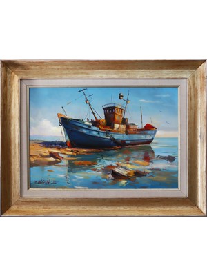 Muguetarts Mavi Tekne Orijinal Yağlıboya Tablo - Mehmet Najafzadeh Eseri 51X67 cm
