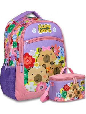 Capybara Kız Çocuk Çiçek ve Capybara Baskılı Okul Çantası+Beslenme Çantası Seti - SETCPB6203B