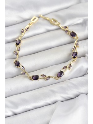 Mariposa Secret  Pirinç Gold Renk Mor Zirkon Taşlı Çiçek Model Kadın Bileklik TG27BB8583