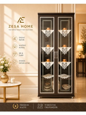 Zesa Home 4 Parça Gardenya Fransız Güpür Detaylı Salon Vitrin, Gümüşlük Peçetesi, Sehpa Takımı