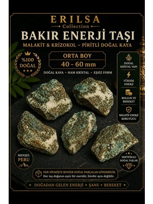 Erilsa Sertifikalı Doğal Bakır Enerji Taşı Kütle - Malakit Krizokol Piritli Kaya 40-60 mm Orta Boy