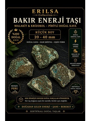 Erilsa Sertifikalı Bakır Enerji Taşı Kütle - Malakit Krizokol Piritli Doğal Kaya 20-40 mm Küçük Boy