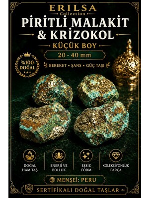 Erilsa Sertifikalı Piritli Malakit Krizokol Doğal Taş Kütle 20-40 mm - Küçük Boy Ham Koleksiyonluk Parça
