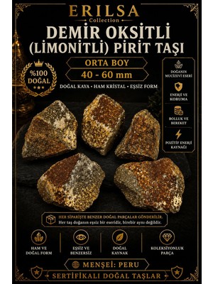 Erilsa Sertifikalı Doğal Demir Oksitli Pirit Taşı Kütle - 40-60 mm Orta Boy Limonitli Ham Taş