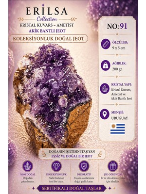 Erilsa Sertifikalı Kristal Kuvars Ametist Akik Bantlı Jeot Doğal Taş Koleksiyonluk Dekoratif 9x5 cm NO91