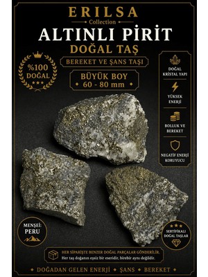 Erilsa Sertifikalı Altınlı Pirit Taşı Kütle 60-80 mm Büyük Boy Koleksiyonluk Doğal Taş