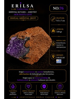 Erilsa Sertifikalı Doğal Ametist Jeodu Akik Bantlı Kristal Kuvars Büyük Boy Ham Kaya Uruguay NO76