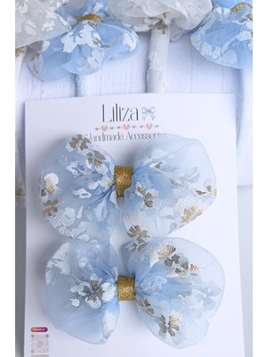 Liliza Accessories Beyaz Gold Çiçekli Balon Tül Fiyonk Çocuk 2li Klips Toka Seti