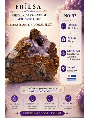 Erilsa Sertifikalı Kristal Kuvars Ametist Akik Bantlı Jeot Doğal Taş Koleksiyonluk Dekoratif 11X8.5 NO92