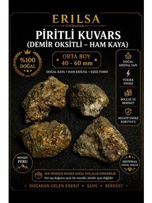 Erilsa Sertifikalı Doğal Piritli Kuvars Demir Oksitli Kütle Ham Kristal Taş 40-60 mm Orta Boy