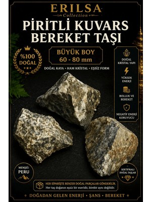 Erilsa Sertifikalı Piritli Kuvars Bereket Taşı Doğal Ham Kaya 60-80 mm Büyük Boy