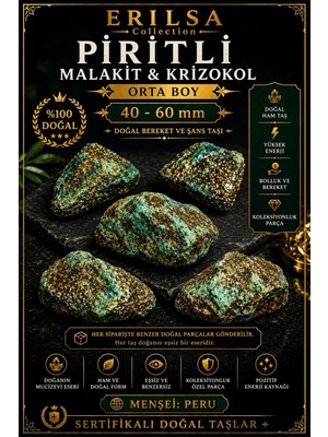 Erilsa Sertifikalı Doğal Piritli Malakit Krizokol Taşı Kütle - 40-60 mm Orta Boy Ham Taş Koleksiyonluk