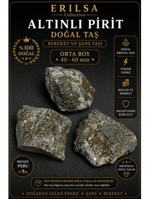 Erilsa Sertifikalı Altınlı Pirit Doğal Taş Kütle 40-60 mm Orta Boy Ham Pirit Taşı