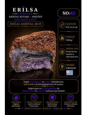 Erilsa Sertifikalı Doğal Ametist Jeodu Akik Bantlı Kristal Kuvars Ham Kaya Uruguay NO83