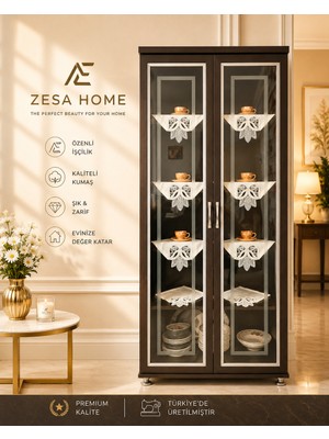 Zesa Home 4 Parça Gardenya Fransız Güpür Detaylı Salon Vitrin, Gümüşlük Peçetesi, Sehpa Takımı