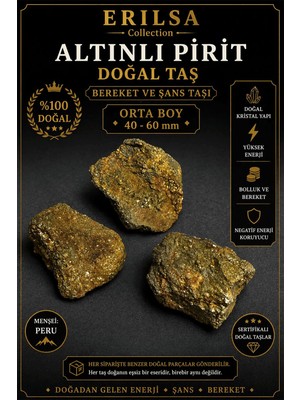 Erilsa Sertifikalı Altınlı Pirit Doğal Taş Kütle - 60-80 mm Büyük Boy Koleksiyonluk Kaya