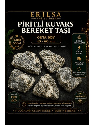 Erilsa Sertifikalı Doğal Piritli Kuvars Bereket Taşı Ham Kristal 40-60 mm Orta Boy