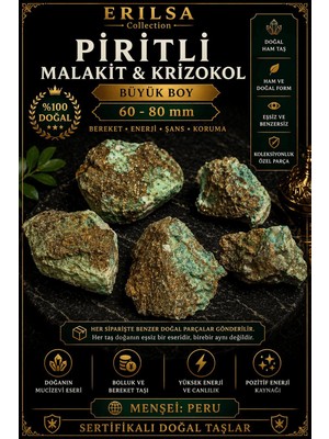 Erilsa Sertifikalı Piritli Malakit Krizokol Taşı Kütle - 60-80 mm Büyük Boy Doğal Ham Koleksiyonluk