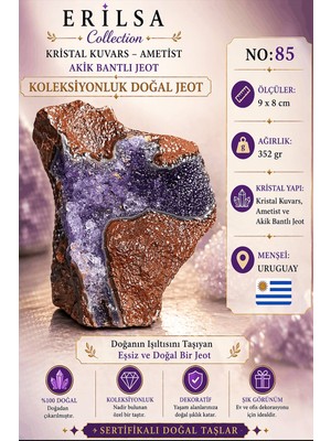 Erilsa Sertifikalı Doğal Ametist Jeodu Akik Bantlı Kristal Kuvars Ham Kaya Uruguay NO85