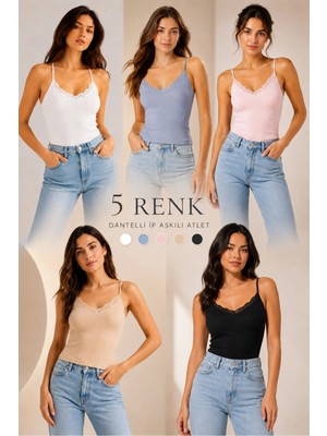 Fevien 5'li Paket Kadın Pamuklu Ince Askılı Dantel Detaylı Bisiklet Yaka Ribana Esnek Atlet Günlük Rahat Iç Giyim Çoklu Set