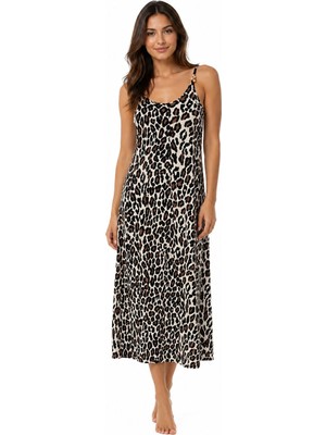 Gk Luxury & Fashion Leopar Elbise Tahta Aksesuarlı Elbise 130CM Boy Bürümcük Kumaş