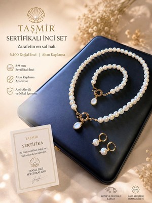 Taşmir Sertifikalı Gerçek Inci Kolye Bileklik Küpe Set 14 K Altın Kaplama Aparatlar