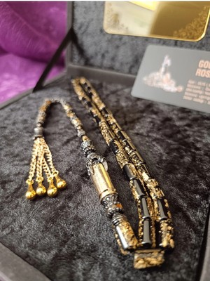 Kehribar Siyah Altın Parçacıklı Kesme Model Tesbih Golden Rosary Sertifikalı Hediye Kutulu