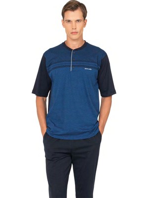Pierre Cardin 6133 Erkek Lacıvert Kısa Kollu Yarım Pat Jakarlı 3lü Pijama Takımı