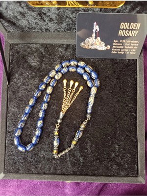 Esmen Mavi Altın Parçacıklı Golden Rosary Tesbih Sertifikalı Hediye Kutulu