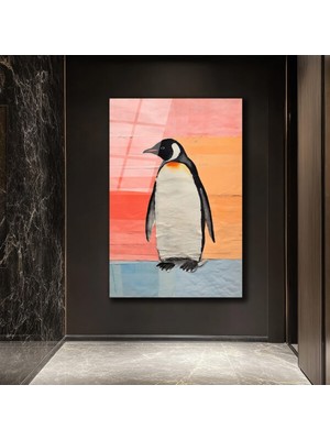 GLAZELLA Neşeli Penguen Cam Tablo: Modern Sanat ve Renklerin Dansı