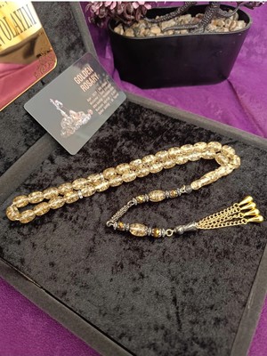Kehribar Şeffaf Altın Parçacıklı Tesbih Golden Rosary Sertifikalı Hediye Kutulu