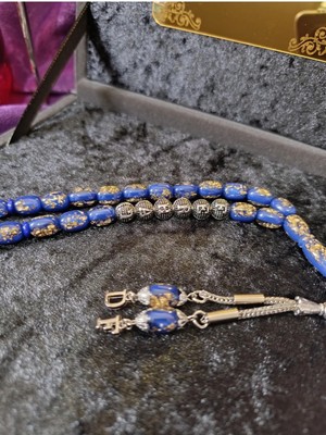 Kehribar Kişiye Özel Harfli Mavi Altın Parçacıklı Golden Rosary Tesbih Sertifikalı Hediye Kutulu