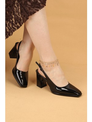Nilsa Shoes Kadın Kalın Topuklu Rugan Deri Lüx Özel Üretim Küt Burun Abiye Ayakkabı Topuklu Ayakkabı