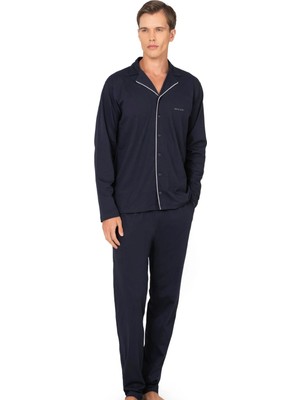 Pierre Cardin 6140 Erkek Lacıvert Uzun Kollu Boydan Düğmeli Gömlek Yakalı Pijama Takımı