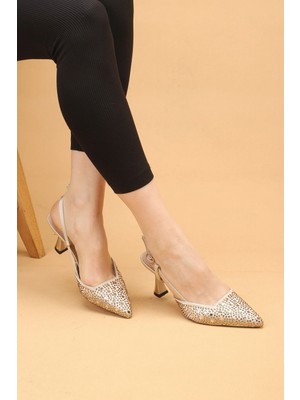 Nilsa Shoes Kadın Ince Topuklu Özel Taşlı Desenli Abiye Ayakkabı Topuklu Ayakkabı