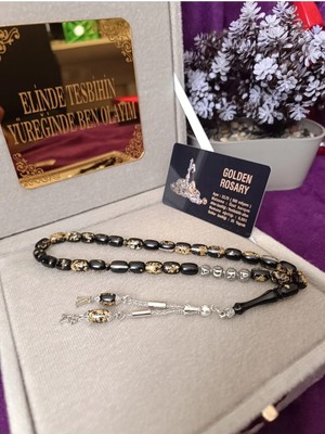 Kehribar Kişiye Özel Harfli Altın Parçacıklı Golden Rosary Siyah Tesbih Sertifikalı Hediye Kutulu