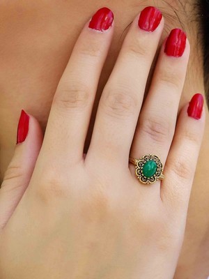 Esha Store Doğal Taş Yeşil Akik Doğal Taşlı Antik Model Kadın Ayarlanabillir Yüzük EUY77YA