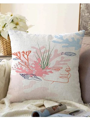 Çift Taraflı Beyaz Zeminde Botanical Face Dijital Baskılı Modern Raşel Örme Yastık Kırlent Kılıfı