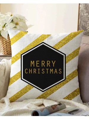 Çift Taraflı Beyaz Zeminde Gold Detaylı Merry Christmas Yazılı Raşel Örme Yastık Kırlent Kılıfı