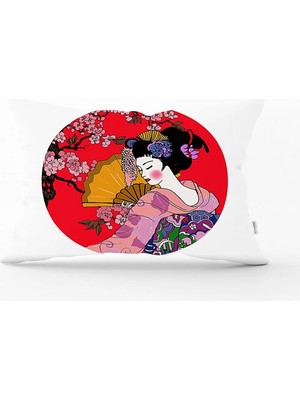 Çiçek Desenli Yelpazeli Japon Kız Motifli Modern Dikdörtgen Yastık Kılıfı